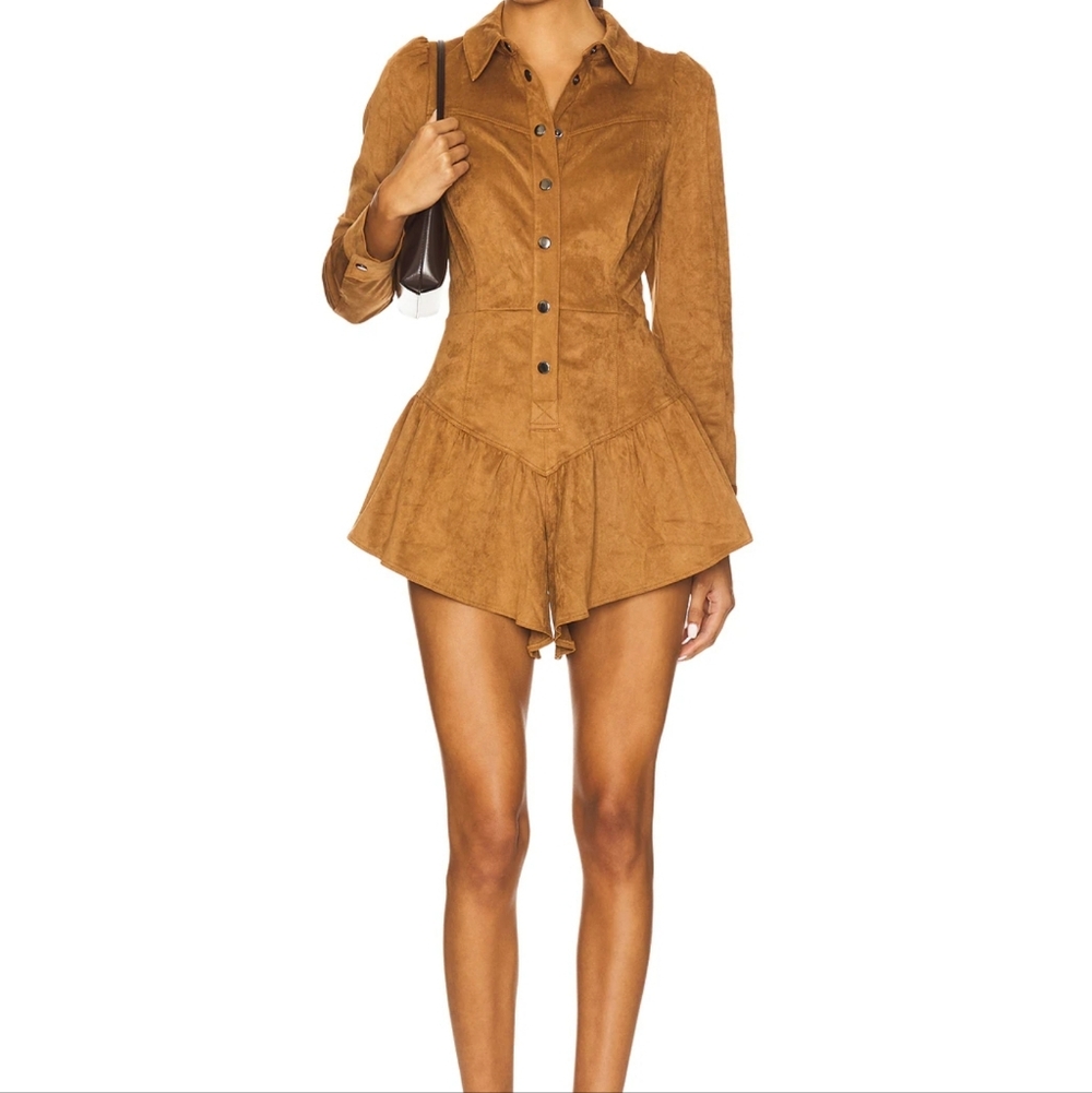 SAYLOR Camel Suede Long-Sleeve Button Romper